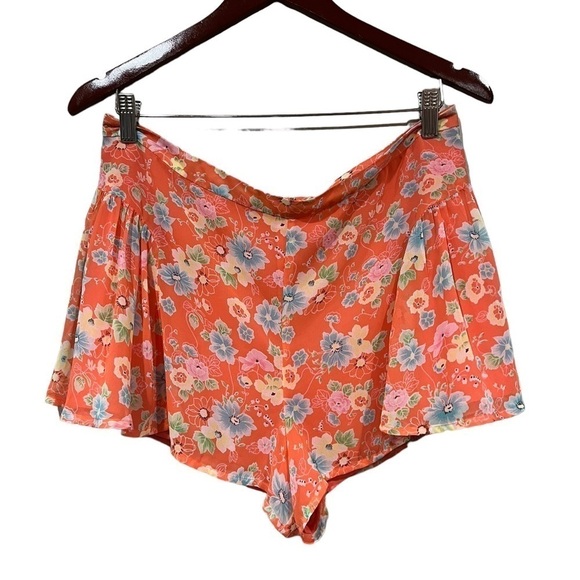 Free People Coral Floral Pleated Mini Shorts Size 10 Flowy Chiffon - Picture 4 of 9